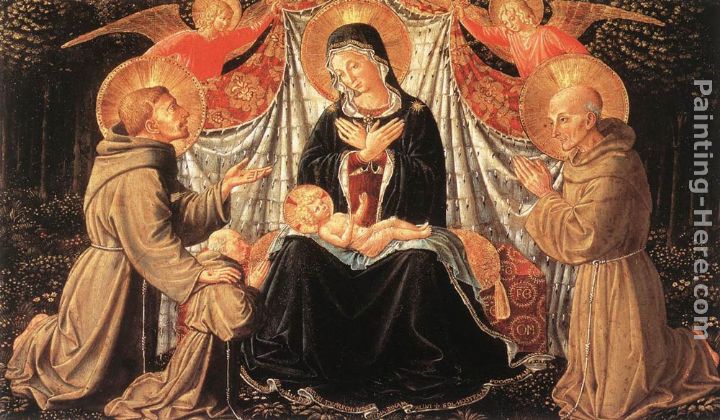 Madonna and Child with Sts Francis and Bernardine, and Fra Jacopo painting - Benozzo di Lese di Sandro Gozzoli Madonna and Child with Sts Francis and Bernardine, and Fra Jacopo art painting